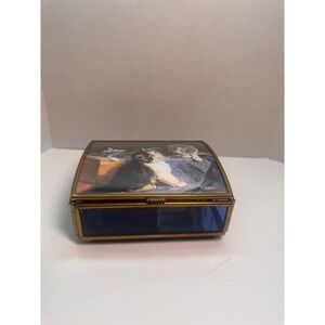 RARE Vintage Kitten Music Jewelry Trinket Box Blue Glass Brass Tone Slight Crack